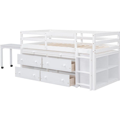 Twin Size Loft Bed with Retractable Writing Desk and 4 Drawers, Wooden Loft Bed with Lateral Portable Desk and Shelves, White