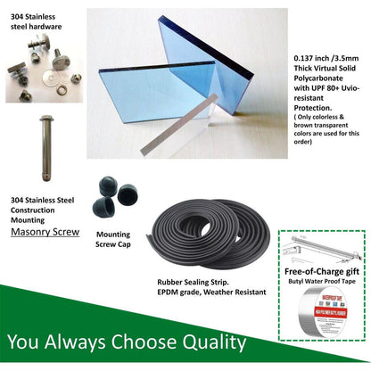 DA5934C Series Door Window Awning Made of 0.137 Inch Thick Crystal Solid Polycarbonate Sheet and Aluminum Alloy with Valance in size 59" Wide x 34" Deep for Masonry Concrete Wall House.