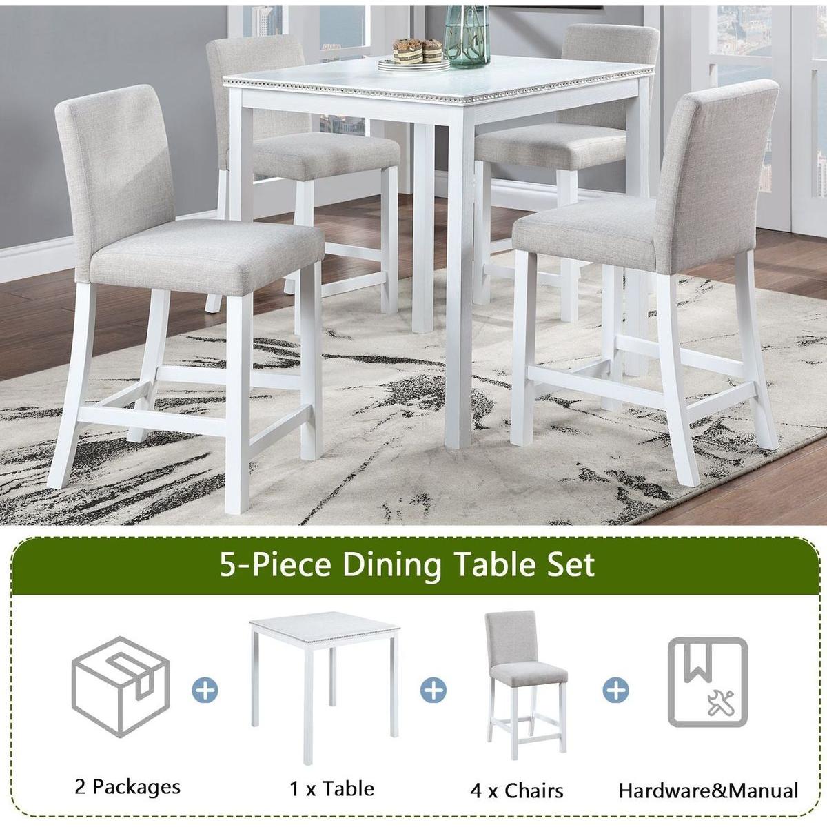 5 Piece Counter Height Table Set, Wooden Kitchen Table Set with Square Table and 4 Upholstered Chairs, Counter Height Dining Table with Crystal Decoration and Chair Set for Kitchen, Dining Room,White