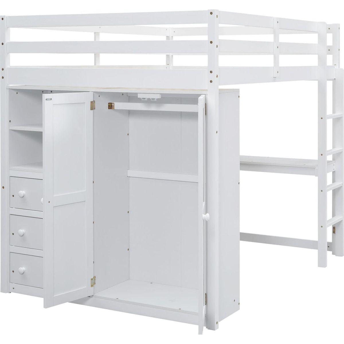 Wood Full Size Loft Bed with Built-in Wardrobe, Desk, Storage Shelves and Drawers, White
