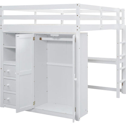 Wood Full Size Loft Bed with Built-in Wardrobe, Desk, Storage Shelves and Drawers, White