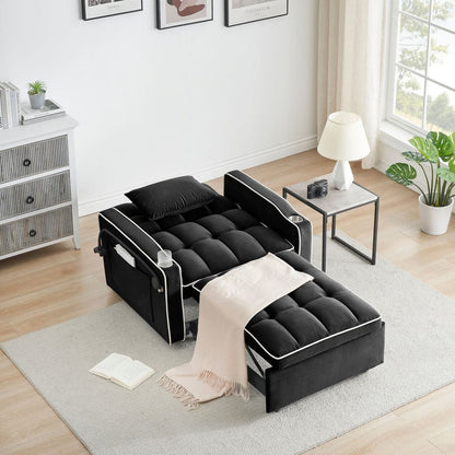 1 versatile foldable sofa bed in 3 lengths, modern sofa sofa sofa velvet pull-out bed, adjustable back and with USB port and ashtray and swivel phone stand black