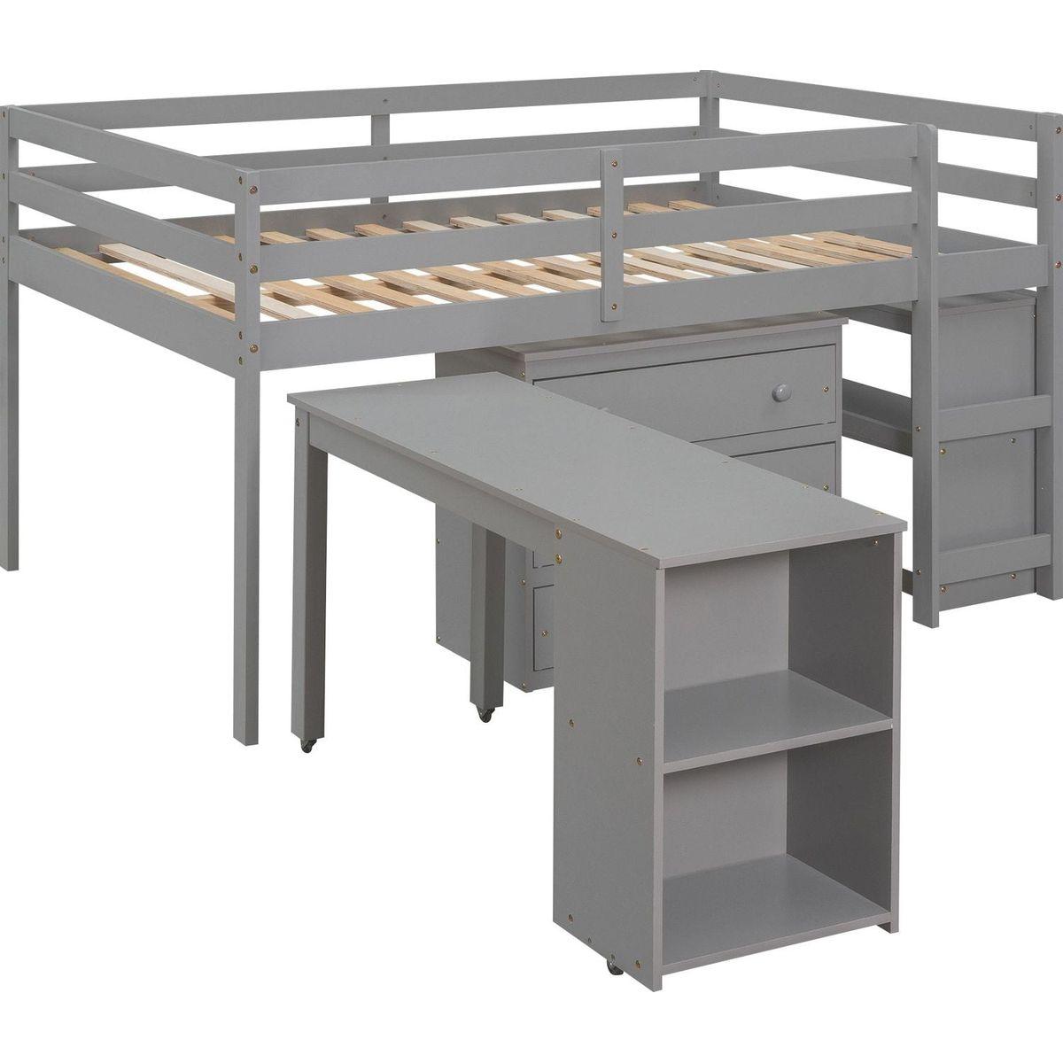 Low Study Full Loft Bed with Cabinet, Shelves and Rolling Portable Desk, Multiple Functions Bed- Gray