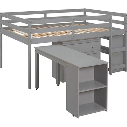 Low Study Full Loft Bed with Cabinet, Shelves and Rolling Portable Desk, Multiple Functions Bed- Gray