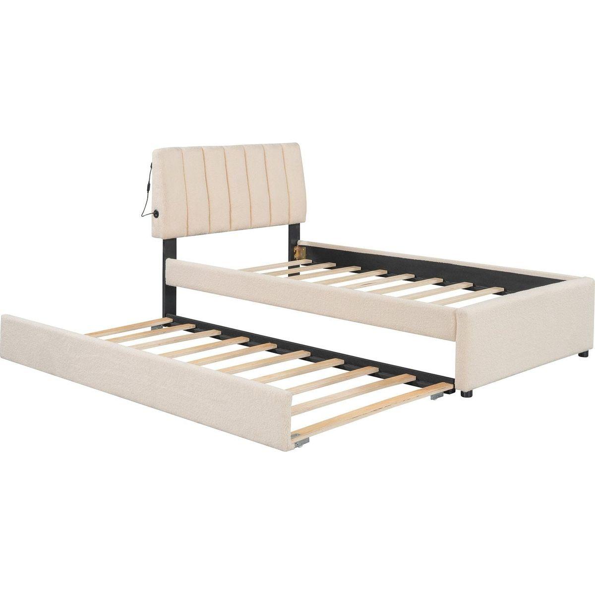 Teddy Fleece Twin Size Upholstered Platform Bed with Trundle, Beige