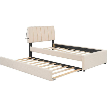 Teddy Fleece Twin Size Upholstered Platform Bed with Trundle, Beige