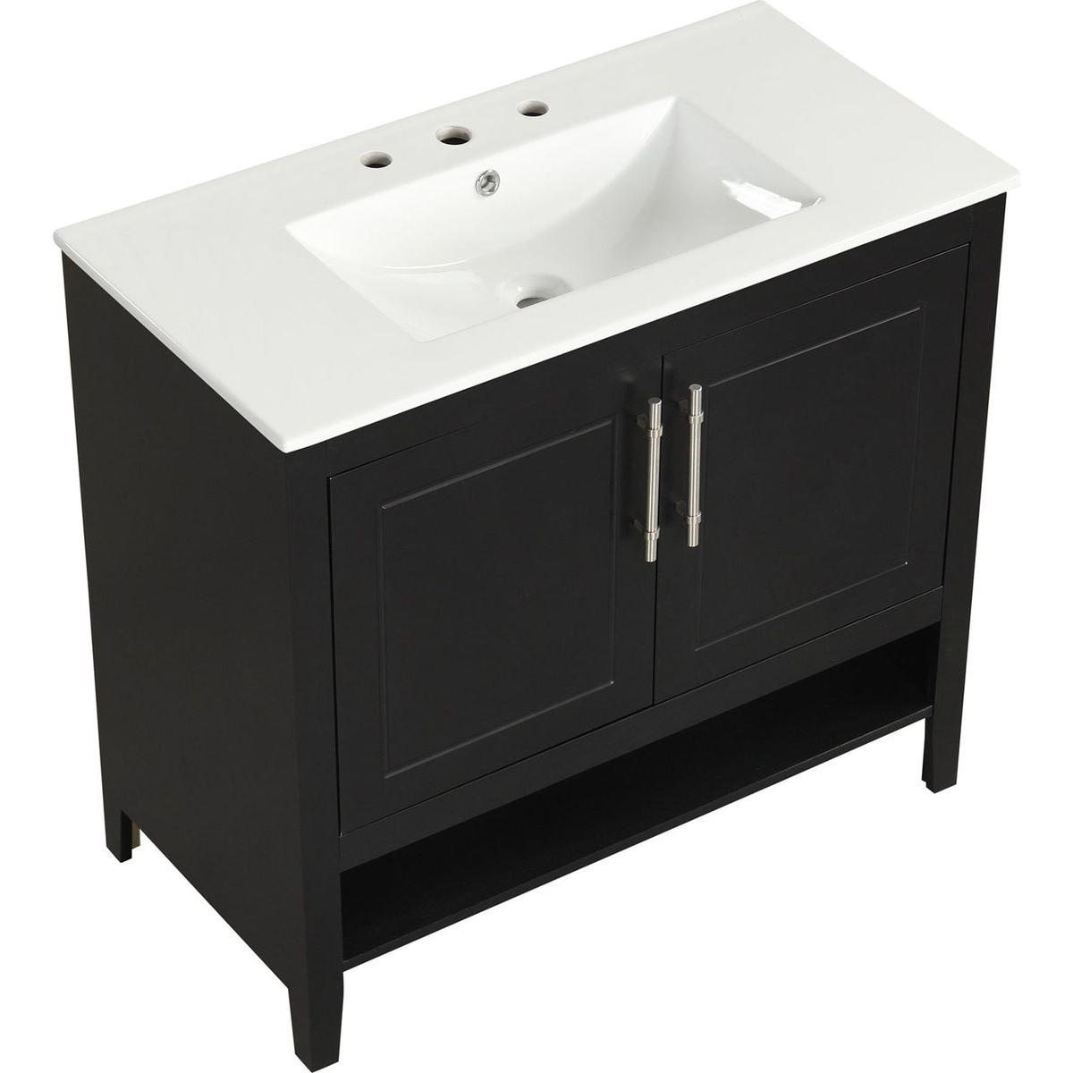 36" Bathroom Vanity with Sink, Multi-functional Bathroom Cabinet with Doors and Drawers, MDF Frame and MDF Board, Black