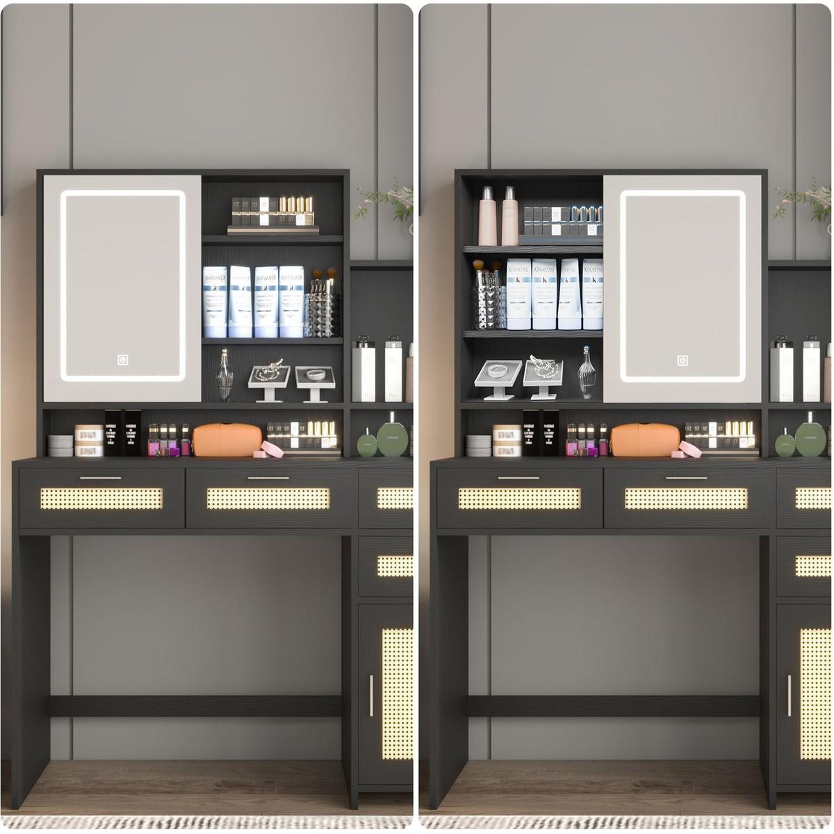 Makeup Vanity with Lights in 3 Colors & Openable Mirror, Vanity Desk with 4 Drawers & 1 Cabinets & Shelves, Vanity Table Rattan Vanity Dresser, for Bedroom