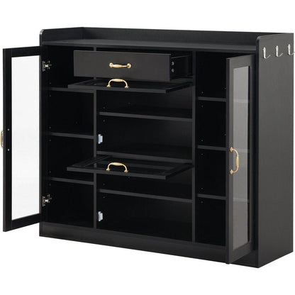 Modernist Side Cabinet with 4 Glass Doors & 3 Hooks, Freestanding Shoe Rack with Multiple Adjustable Shelves, Versatile Display Cabinet with Gold Handles for Hallway, Living Room, Black