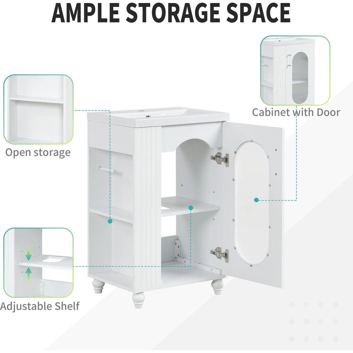 20" Bathroom Vanity with Sink, Bathroom Vanity Cabinet with Two-tier Shelf, Adjustable Shelf, Solid Wood and MDF, White