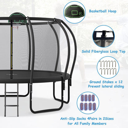 15FT Trampoline for Kids with Upgraded ArcPole and Composite TopLoop for Safety Enclosure, Plus Basketball Board and 12 Ground Stakes, Outdoor Recreational Playset Balance Physical Training Trampoline