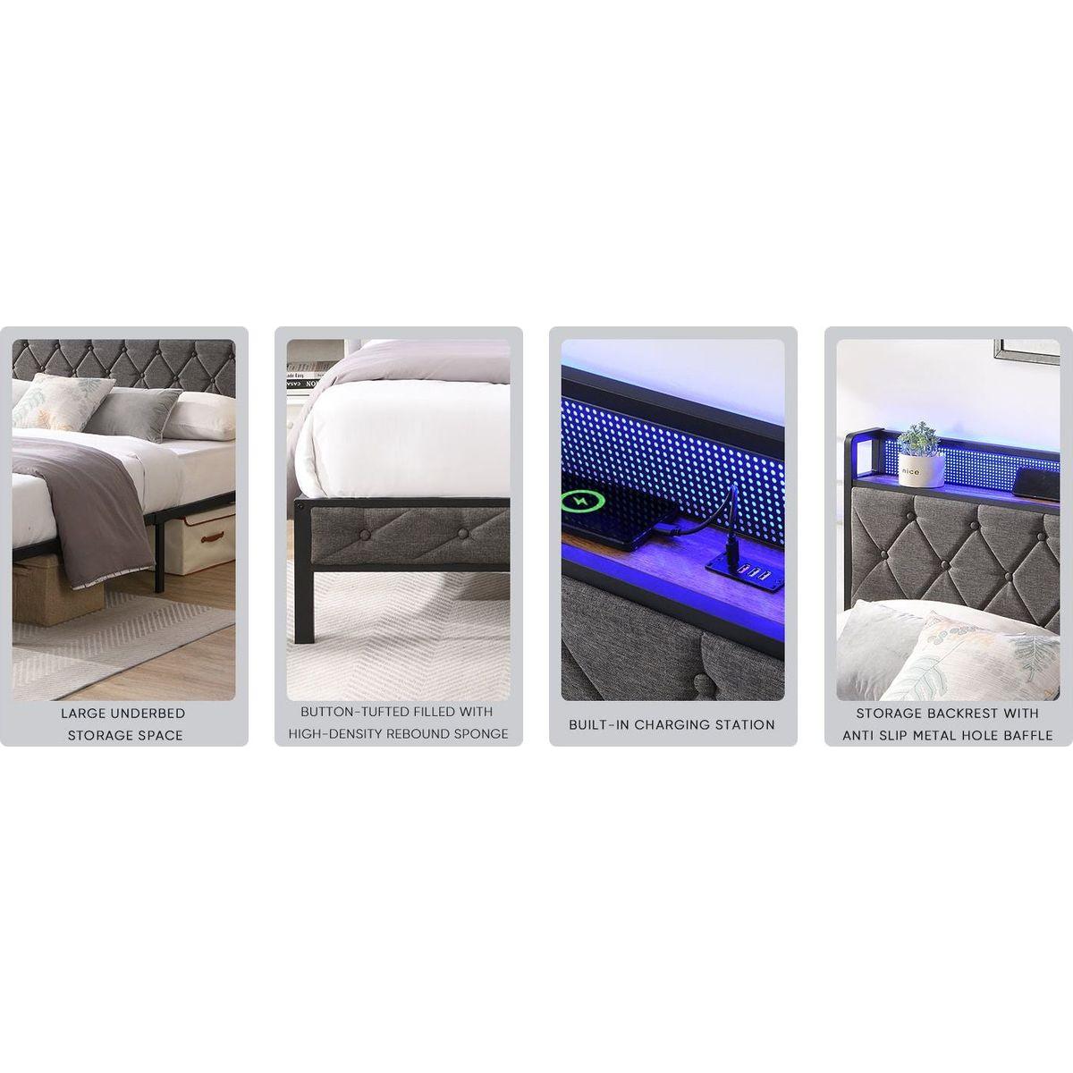 Full Bed Frame with Storage Headboard, Charging Station and LED Lights, Upholstered Platform Bed with Heavy Metal Slats, No Box Spring Needed, Noise Free, Easy Assembly, Dark Gray