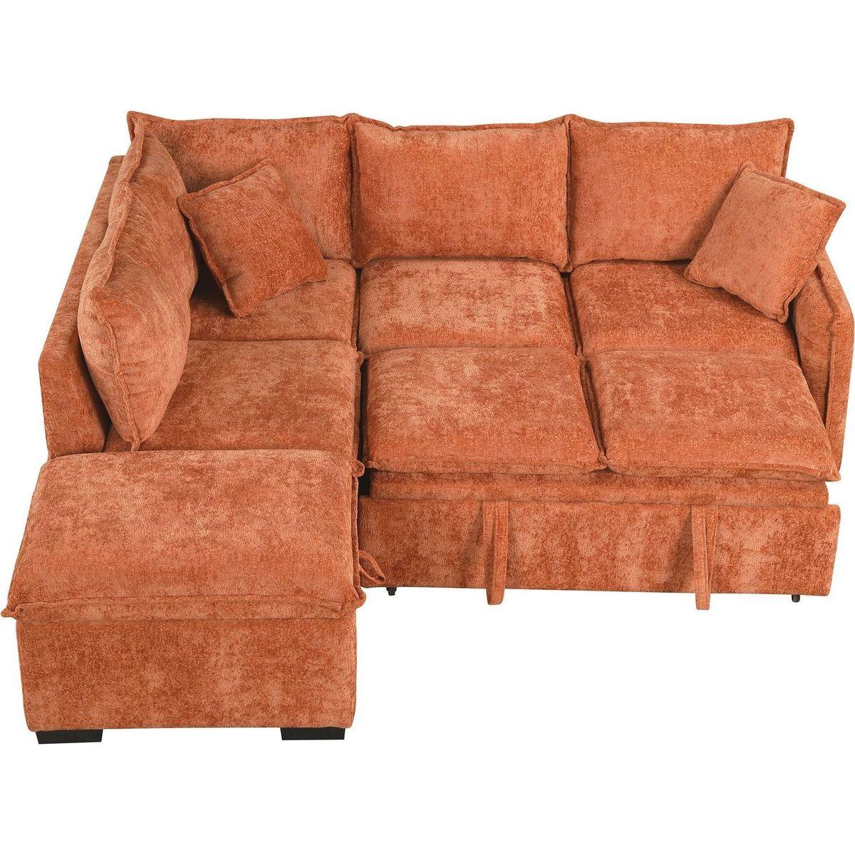 82.67"Convertible Sofa Bed Sectional Sofa Sleeper L-shaped Sofa with a Storage Ottoman,Two Pillows, Two Power Sockets and Two USB Ports for Living Room, Orange