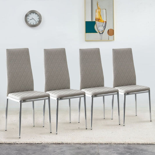 4-piece set of checkered armless high back dining chairs, office chairs. Suitable for restaurants, living rooms, kitchens, and offices. Light gray chairs and electroplated metal legs 0924