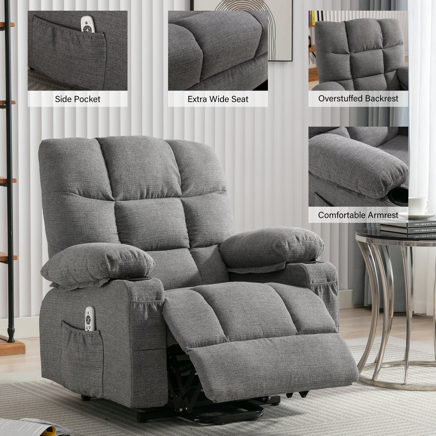 Power Lift Recliner Chair Recliners for Elderly with Heat and Massage Recliner Chair for Living Room with Infinite Position and Side Pocket,USB Charge Port.SMOKYGREY