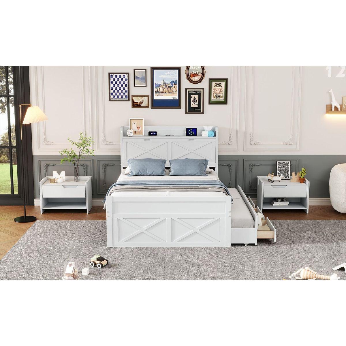 Full Size Wooden Bed with Storage Headboard with Outlets, Extendable Bed with Twin Size Trundle with Three Storage Drawers,White