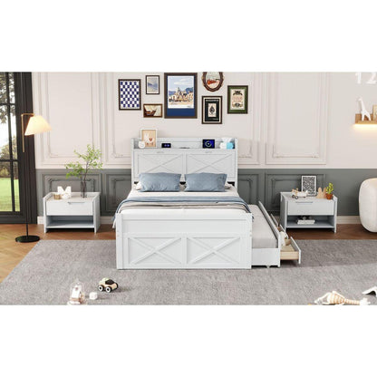 Full Size Wooden Bed with Storage Headboard with Outlets, Extendable Bed with Twin Size Trundle with Three Storage Drawers,White