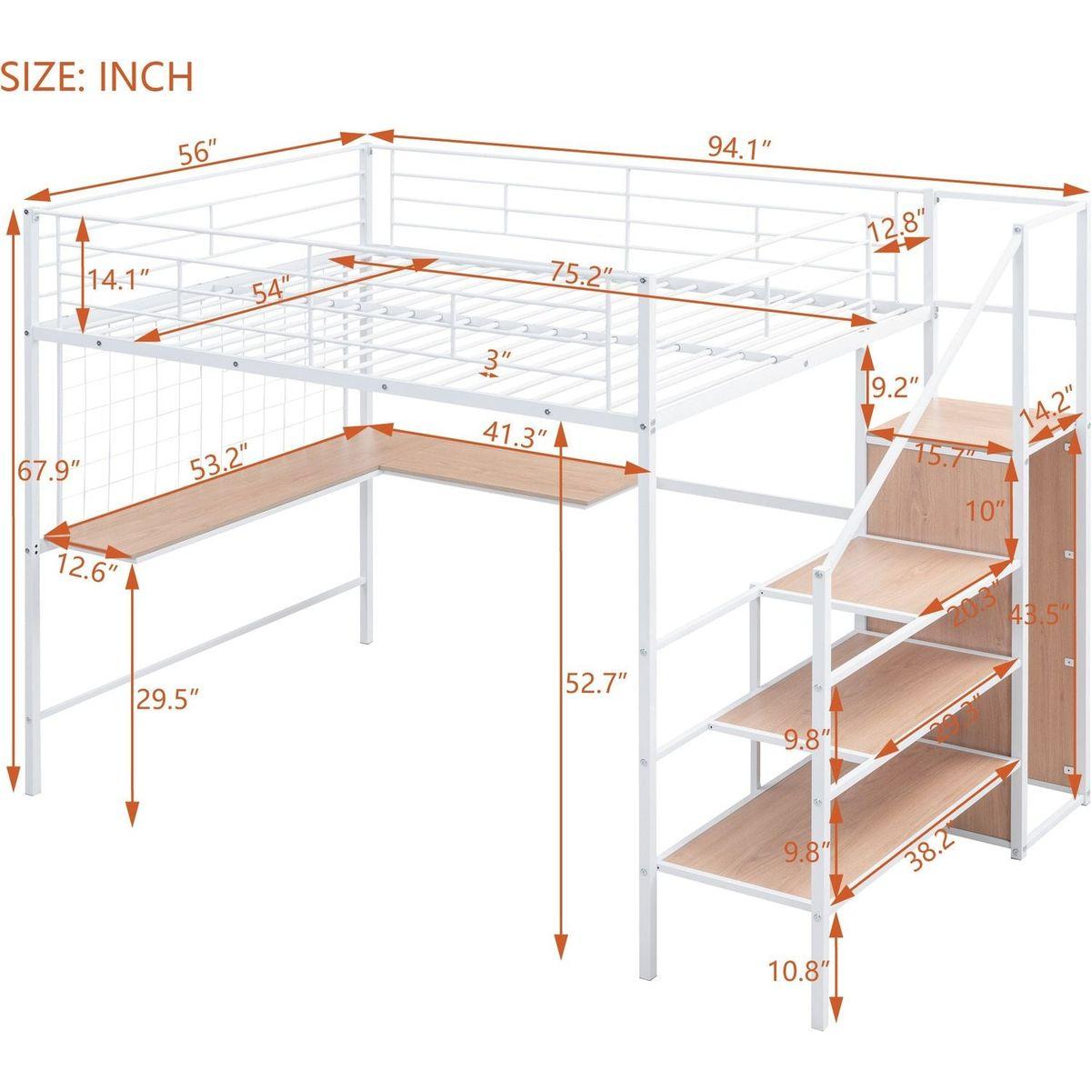 Full Size Metal Loft Bed with Desk and Metal Grid, Stylish Metal Frame Bed with Lateral Storage Ladder and Wardrobe, White