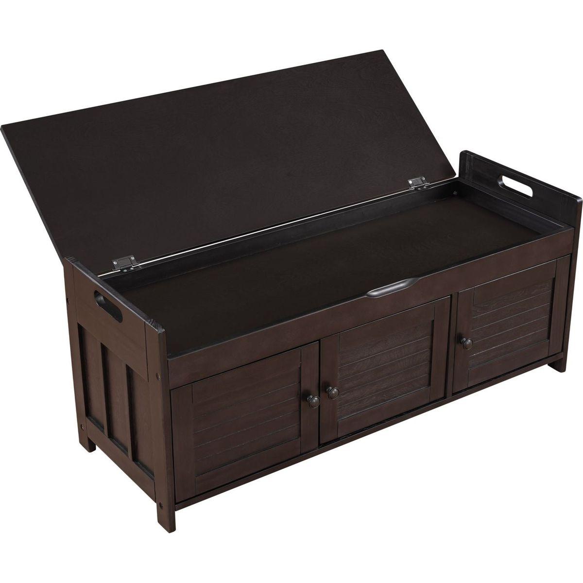 Storage Bench with 3 Shutter-shaped Doors, Shoe Bench with Removable Cushion and Hidden Storage Space (Espresso