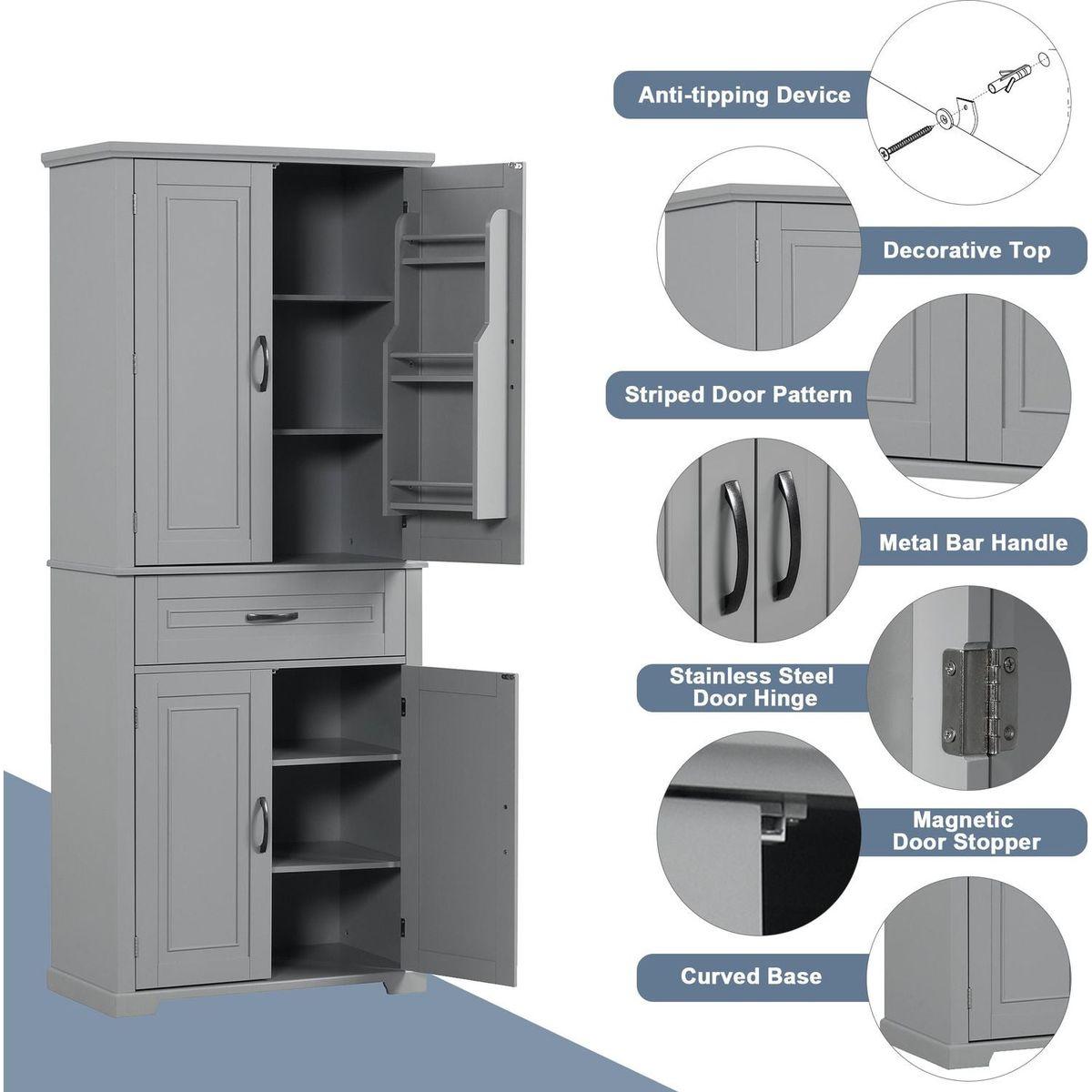 Bathroom Storage Cabinet with Doors and Drawer, Multiple Storage Space, Adjustable Shelf, Grey