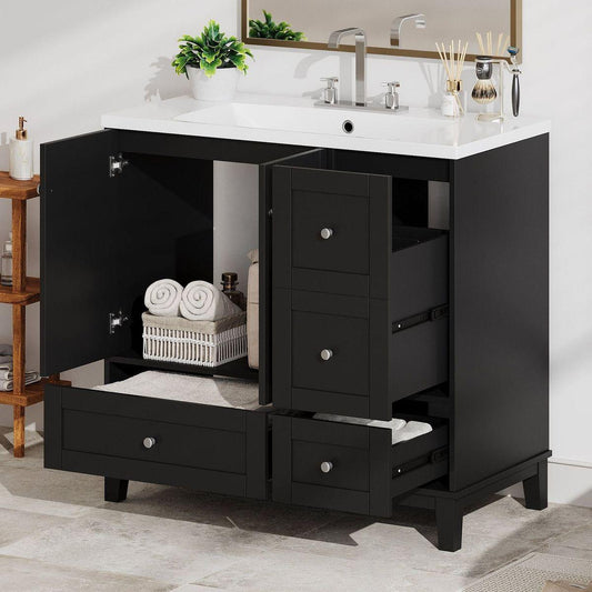 36 Inch Modern Bathroom Vanity with USB Charging, Two Doors and Three Drawers Bathroom Storage Vanity Cabinet, Small Bathroom Vanity cabinet with single sink, Black - Faucets Not Included