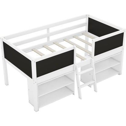Twin Size Low Loft Bed with Two Movable Shelves and Ladder,with Decorative Guardrail Chalkboard,White