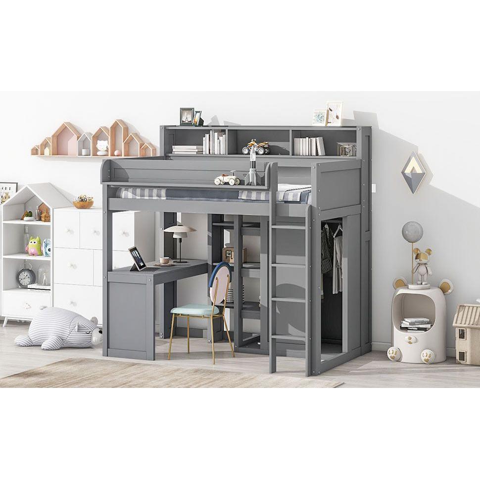 Wood Twin Size Loft bed with Multiple Storage Shelves and Wardrobe, Gray