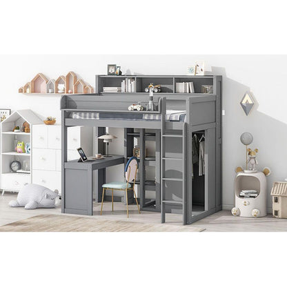 Wood Twin Size Loft bed with Multiple Storage Shelves and Wardrobe, Gray