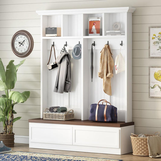 Farmhouse 4-in-1 Hall Tree with Wood Grain Bench, Mudroom Versatile Coat Rack with 2 Large Drawers, Large Entrance Organizer with 6 Black Hooks for Hallway, Living Room, White, 55.9"Wx75.6"H