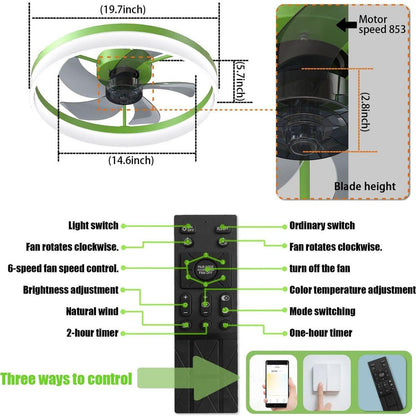 Ceiling Fans with Lights Dimmable LED Embedded installation of thin modern ceiling fans(Green)