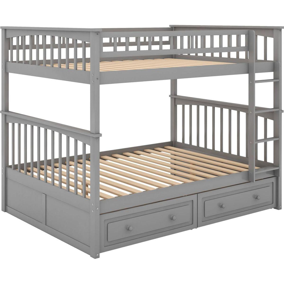Full over Full Bunk Bed with Drawers, Convertible Beds, Gray