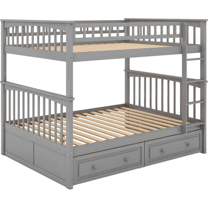 Full over Full Bunk Bed with Drawers, Convertible Beds, Gray