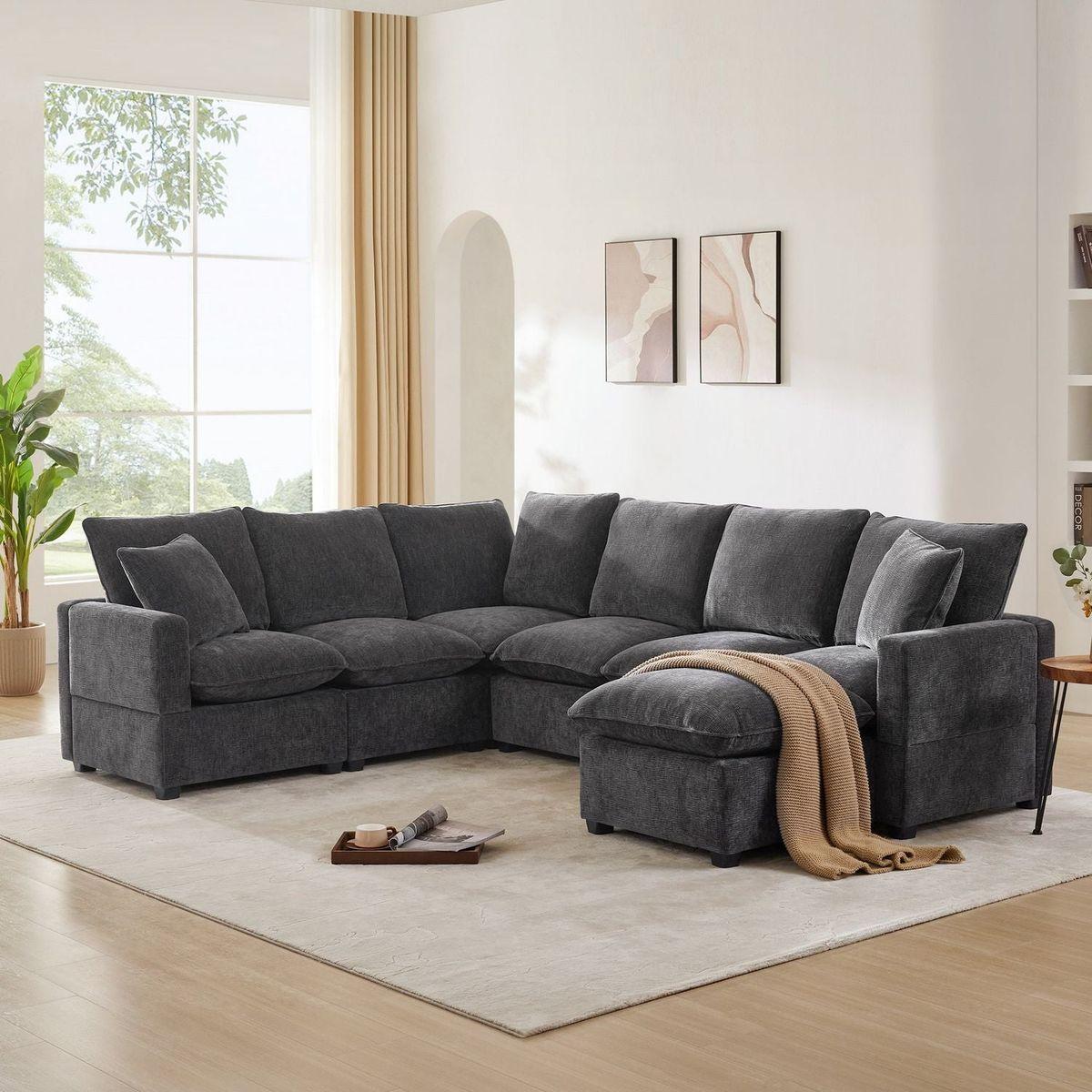 110x84" Modern U Shape Modular Sofa, 7 Seat Chenille Sectional Couch Set with 2 Pillows Included, Freely Combinable Indoor Funiture for Living Room, Apartment, Office, 2 Colors