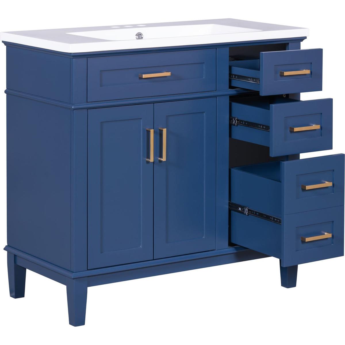 36-inch Bathroom Vanity with Resin Sink, Modern Bathroom Cabinet in Blue, Featuring Two Soft Close Doors and Four Drawers