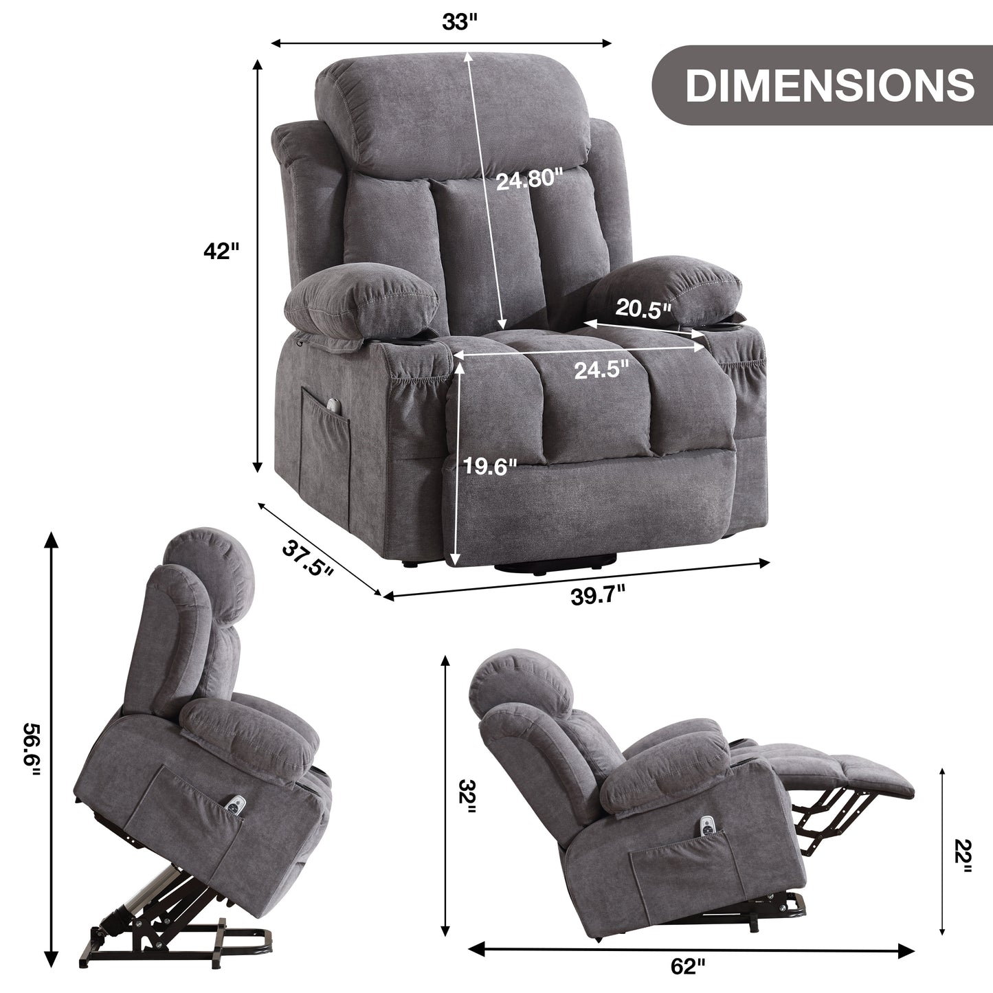 Power Lift Recliner Chair with Heat and Massage Electric Fabric Recliner Chair for Elderly with Side Pocket, USB Charge Port, Remote Control for Living Room (Grey)A+B