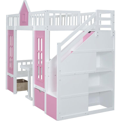 Twin-Over-Twin Bunk Bed with Changeable Table, Bunk Bed Turn into Upper Bed and Down Desk -Pink