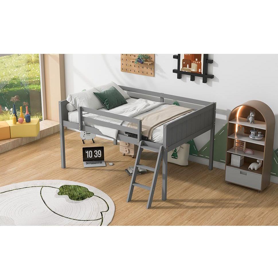 Full Size Wood Low Loft Bed with Ladder, ladder can be placed on the left or right, Gray
