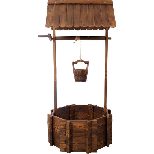 Rustic Wooden Wishing Well Planter Outdoor Home Décor for Patio, Garden, Yard w/Hanging Bucket