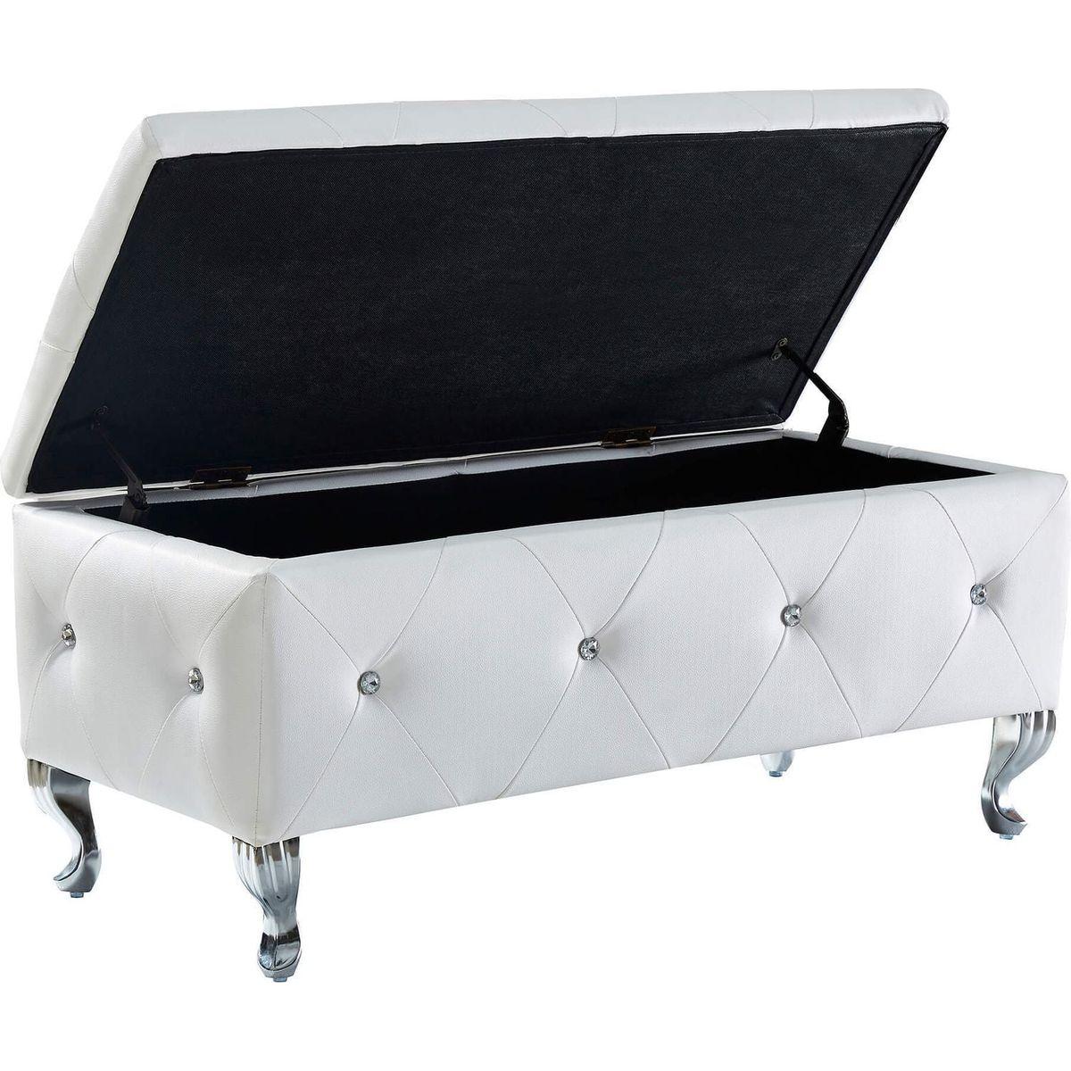 Upholstered Storage Ottoman Bench For Bedroom End Of Bed Faux Leather Rectangular Storage Benches Footrest With Crystal Buttons For Living Room Entryway (White)