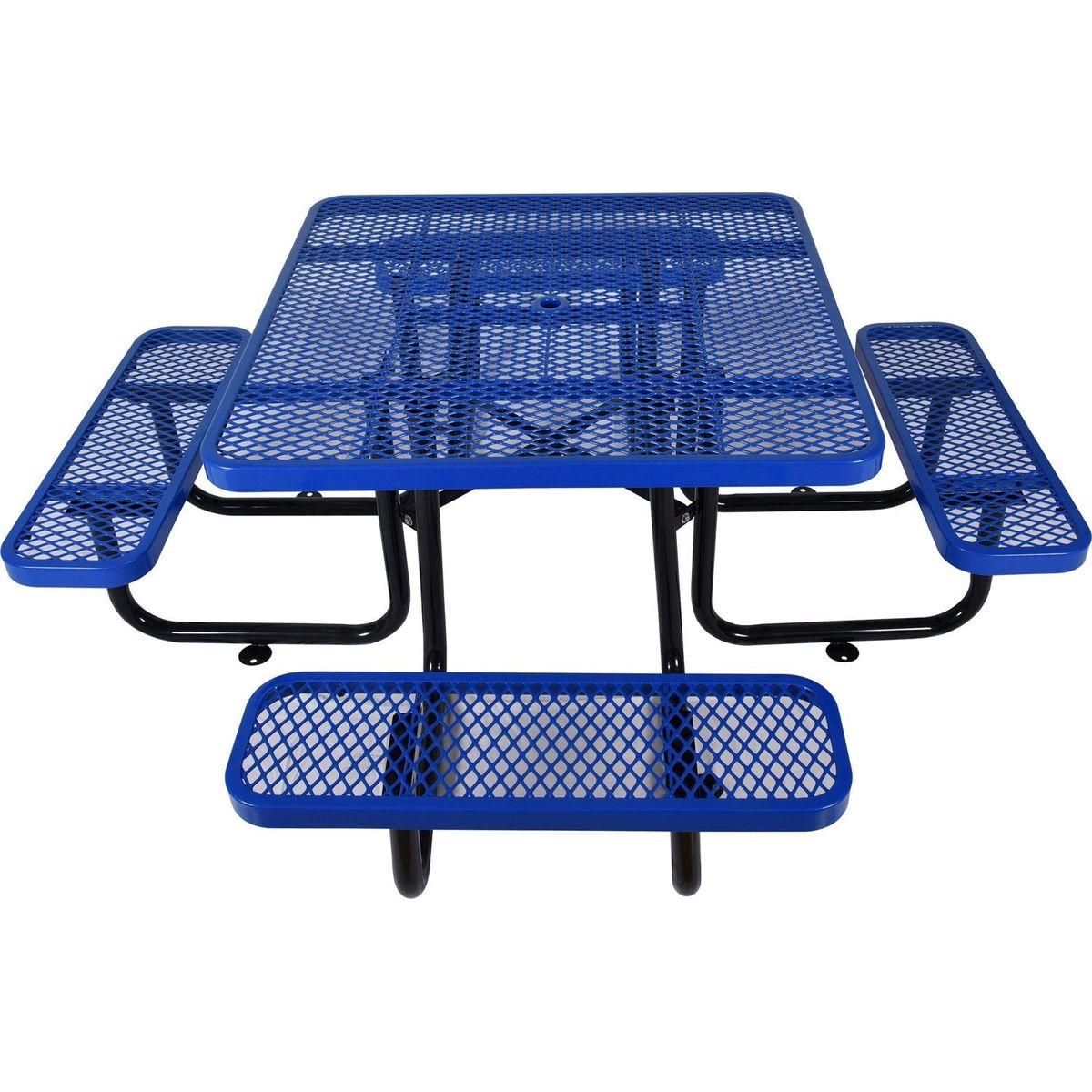 Square Outdoor Steel Picnic Table 46" blue, with umbrella pole
