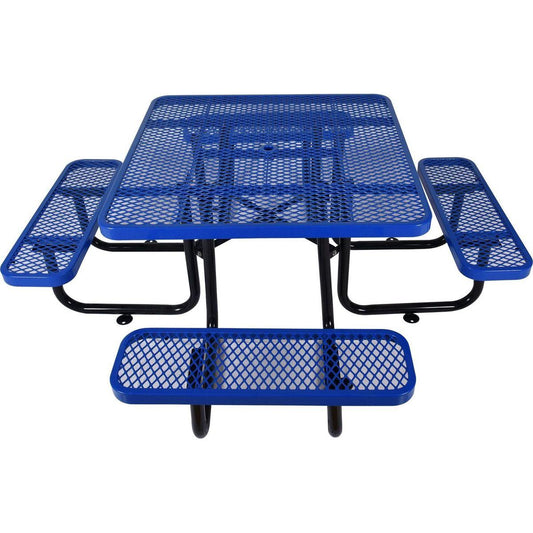 Square Outdoor Steel Picnic Table 46" blue, with umbrella pole