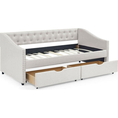 Twin Size Daybed with Drawers Upholstered Tufted Sofa Bed, with Button on Back and Copper Nail on Waved Shape Arms, Beige(81.5"x41"x30.5")