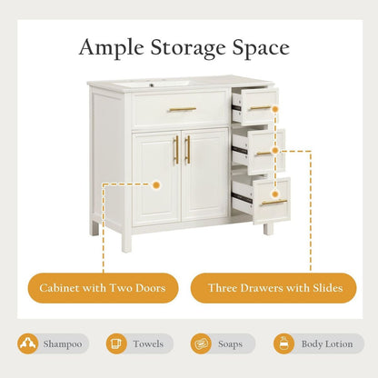 36" Bathroom Vanity with Sink Top, Bathroom Vanity Cabinet with Two Doors and Three Drawers, Solid Wood, MDF Boards, One Package, Off White