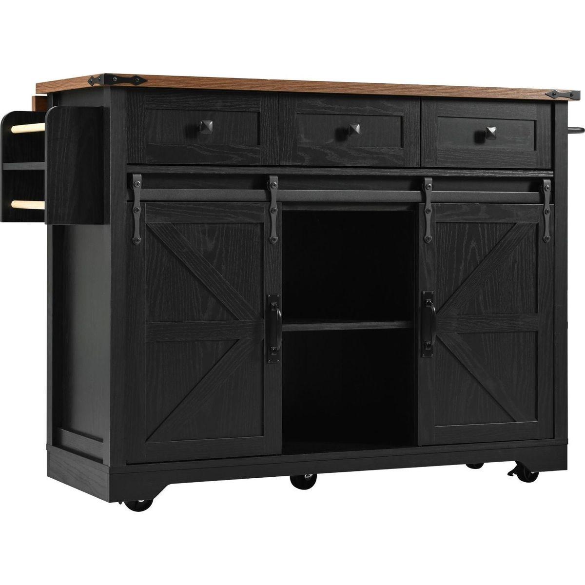 53.7" Farmhouse Kitchen Island with Power Outlet, 2 Sliding Barn Door Kitchen Storage Island with Drop Leaf, Spice Rack Rolling Kitchen Cart on Wheels, for Home, Kitchen and Dining Room, Black