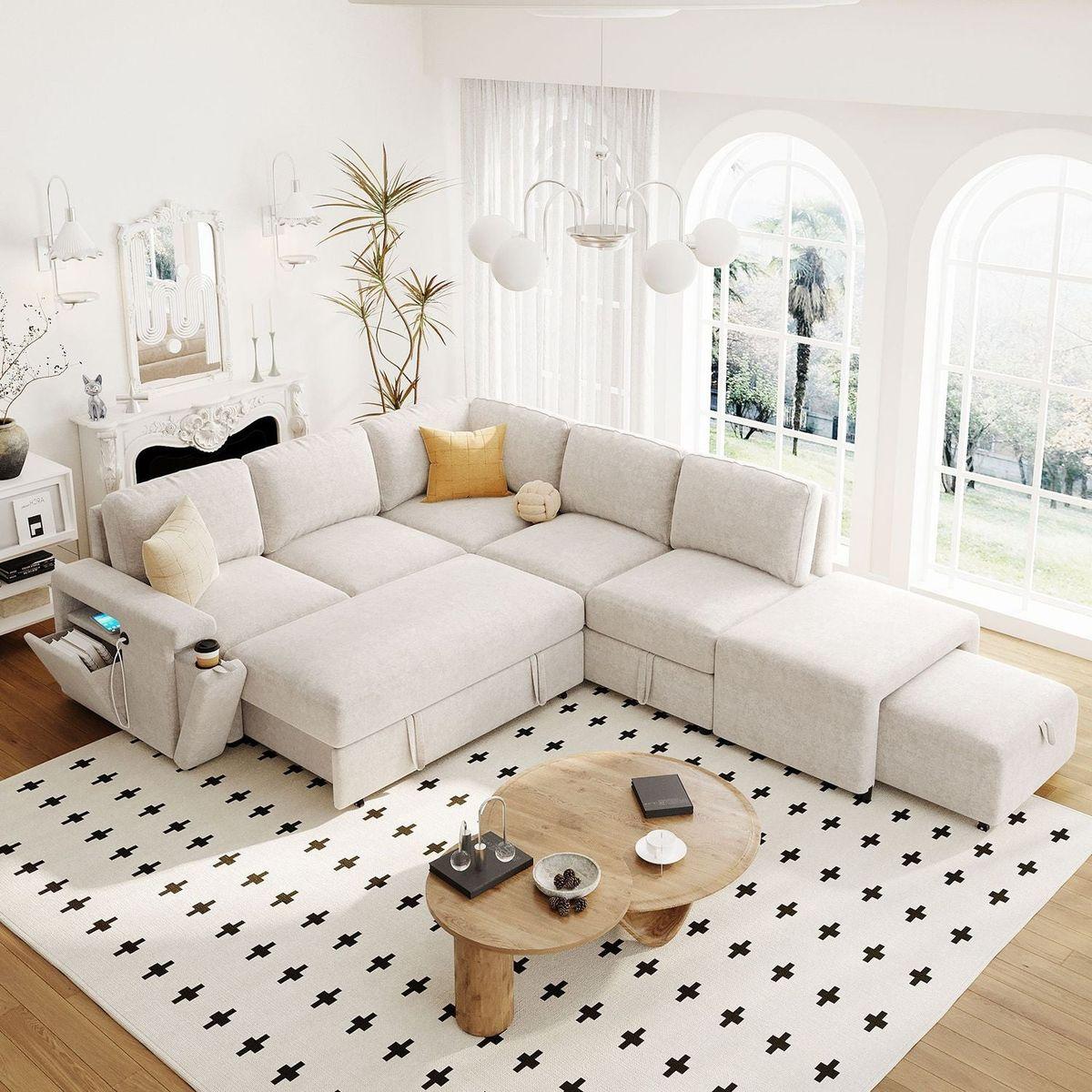 L-shaped Padded Modular Sofa with Storage Space, USB Ports, and Cup Holders on the Armrests, Suitable for Living Rooms, Offices, and Apartments.