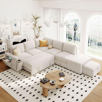 L-shaped Padded Modular Sofa with Storage Space, USB Ports, and Cup Holders on the Armrests, Suitable for Living Rooms, Offices, and Apartments.