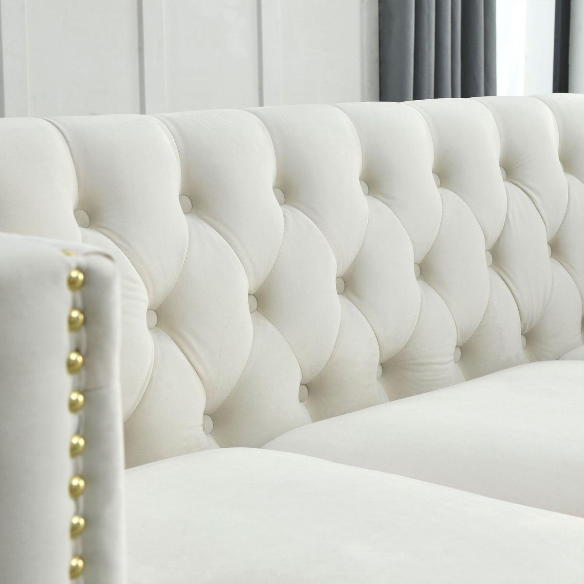 Velvet Sofa for Living Room,Buttons Tufted Square Arm Couch, Modern Couch Upholstered Button and Metal Legs, Sofa Couch for Bedroom, Beige Velvet-2S