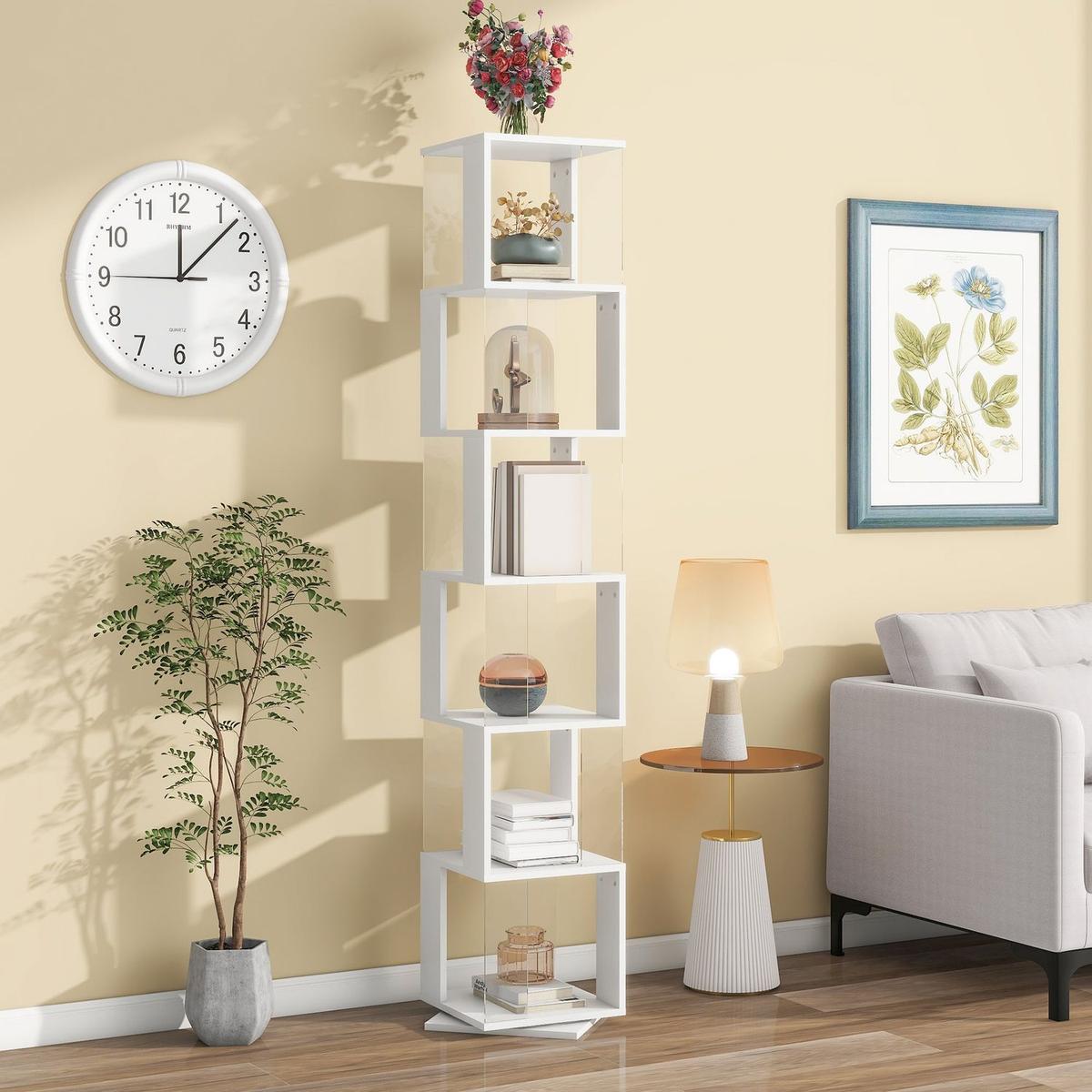 6 tier Rotating Bookshelf, Floor Rack Simple Bookcase with Acrylic plate Student Multi-Function Creative Bookshelf for Living Room