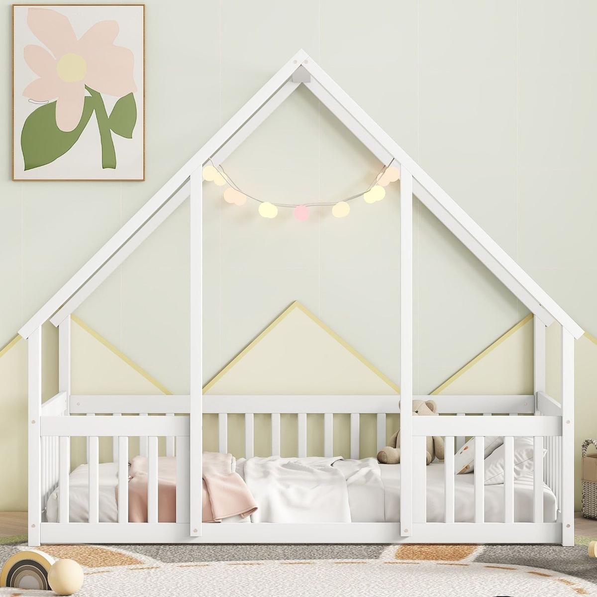 Twin Wood House-Shaped Floor Bed with Fence, Guardrails, White