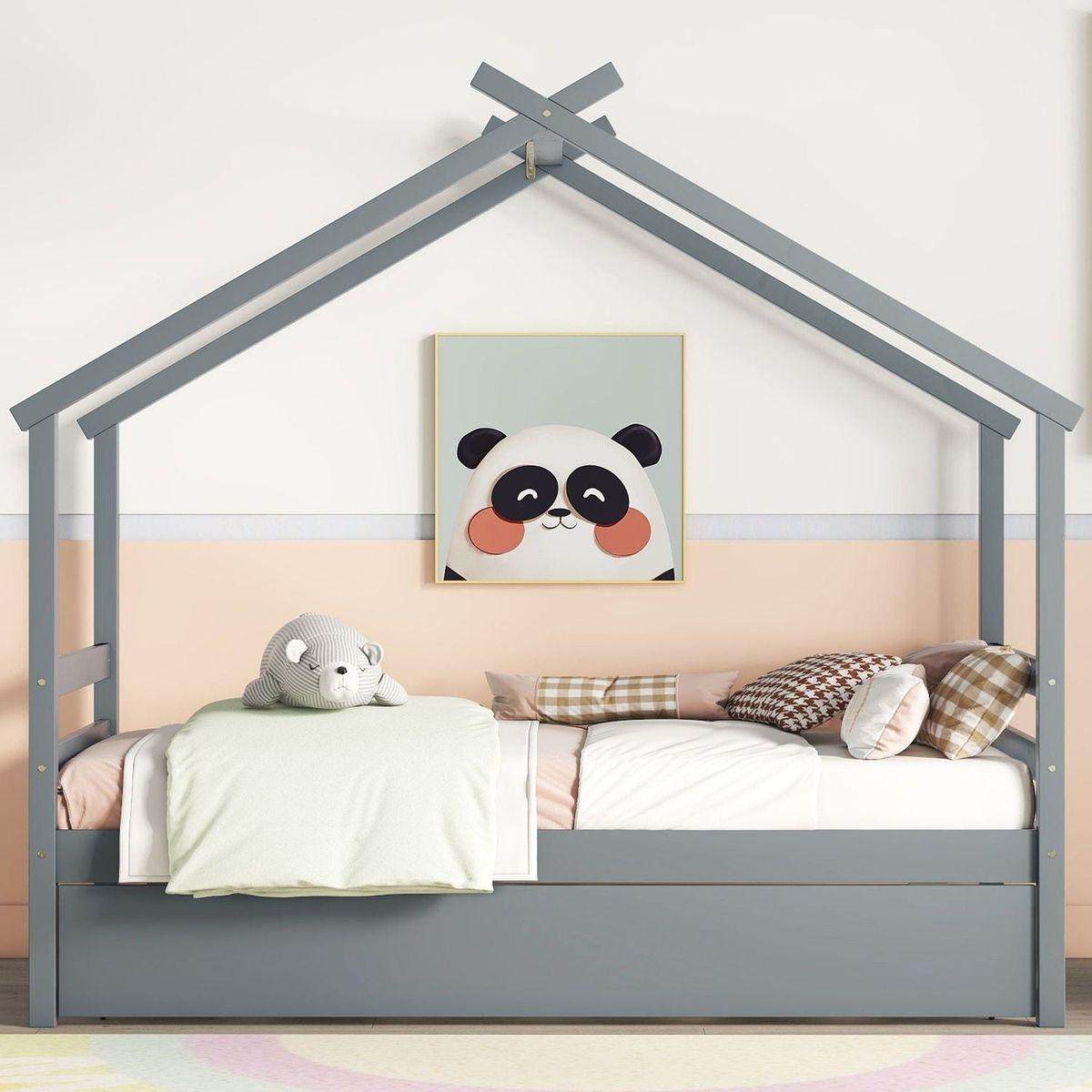 Twin Size House-shaped Bed with Trundle,Grey